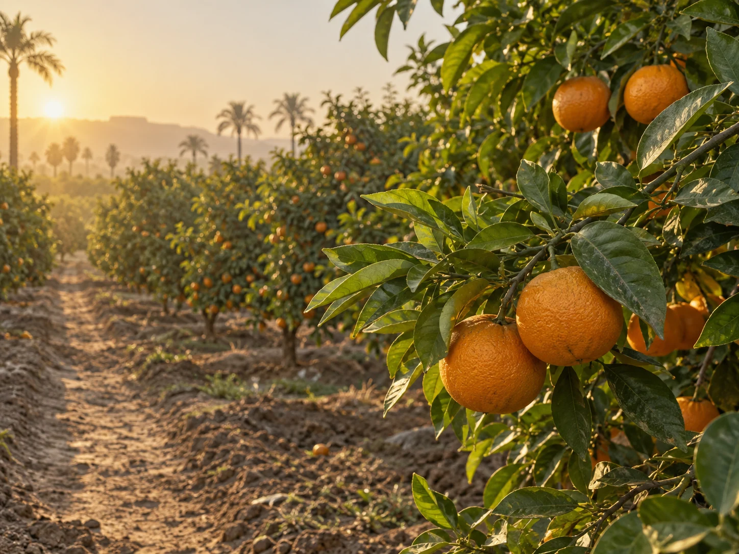 Illustrative orchard scene with citrus trees in warm sunlight