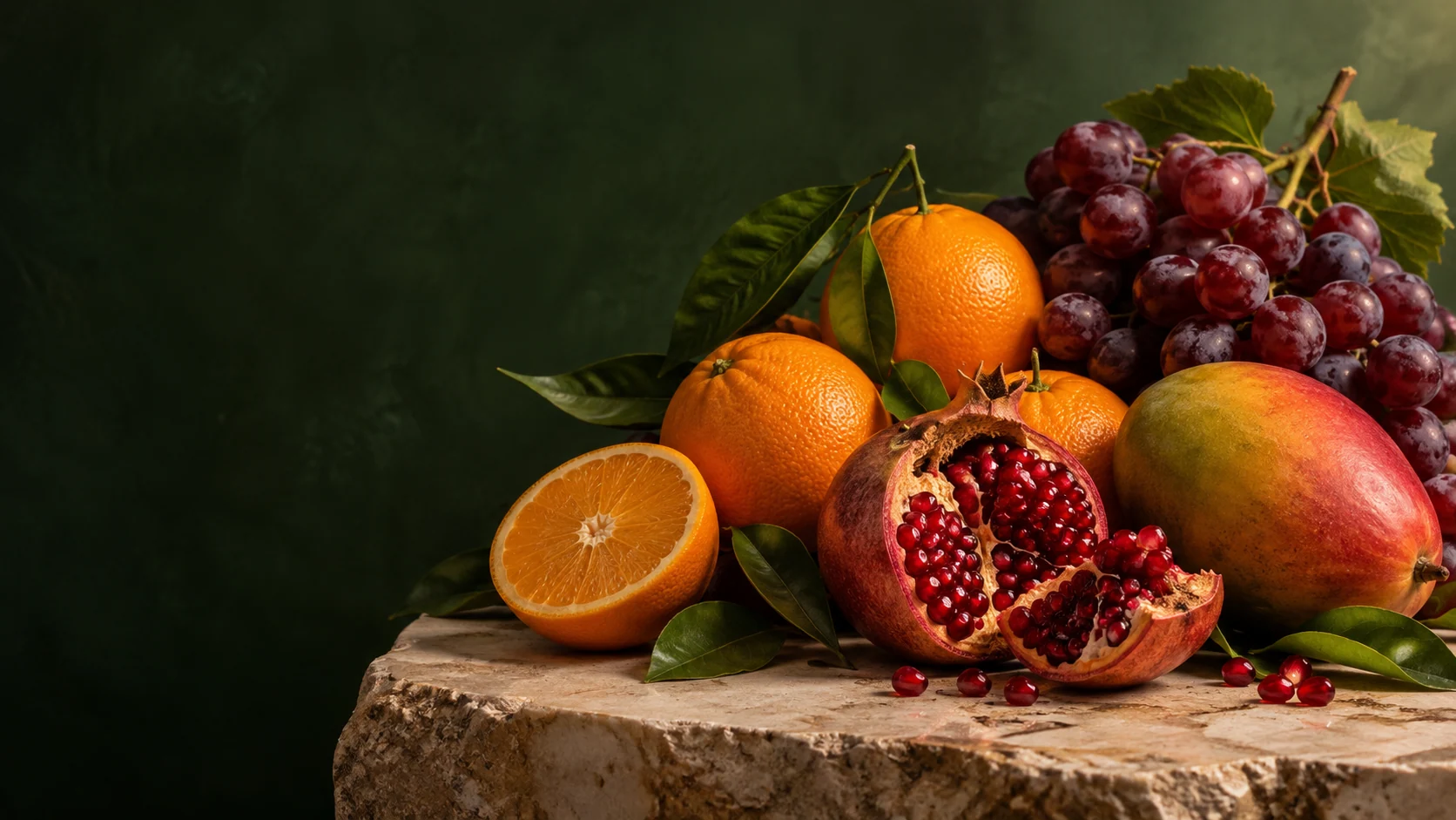 An artful still life of oranges, pomegranate, grapes and mango in natural light