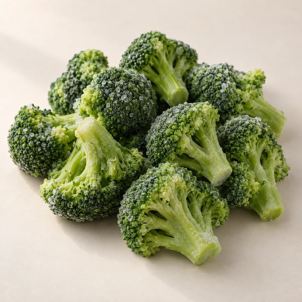 Illustrative studio composition of frozen broccoli florets