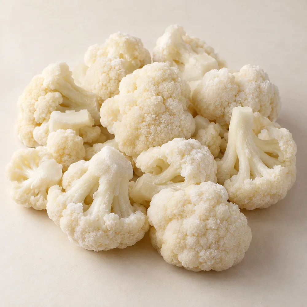 Illustrative studio composition of frozen cauliflower florets