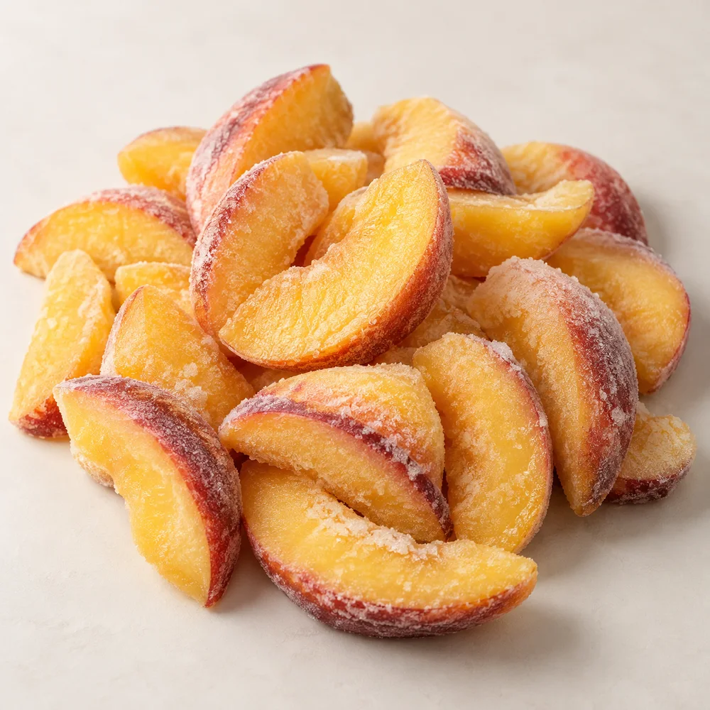 Illustrative studio composition of frozen peach slices