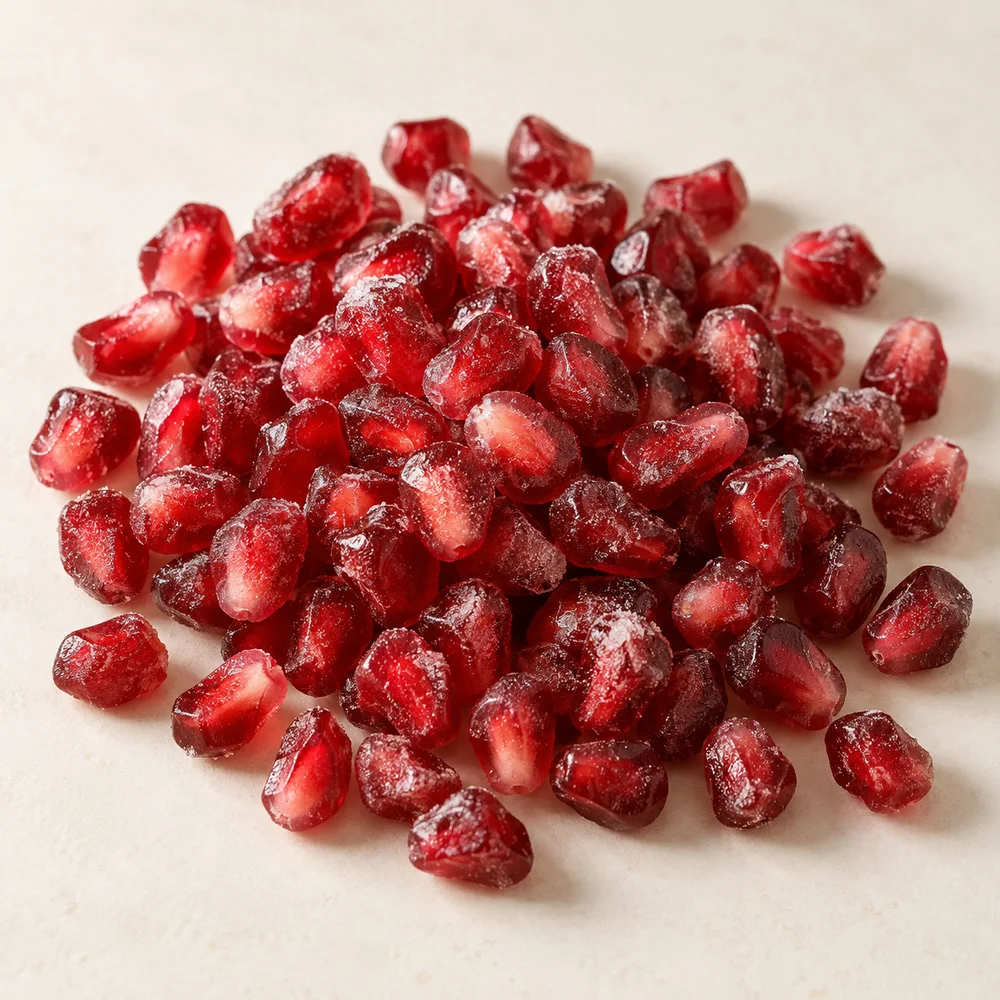 Illustrative studio composition of frozen pomegranate arils